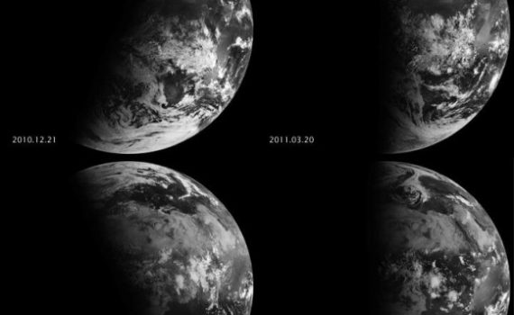 The GOES satellites sit in geosynchronous orbit, so they can see that the sun rises and sets faster at the equinox. The angle at which sunlight strikes the Earth is at a maximum at the solstice.